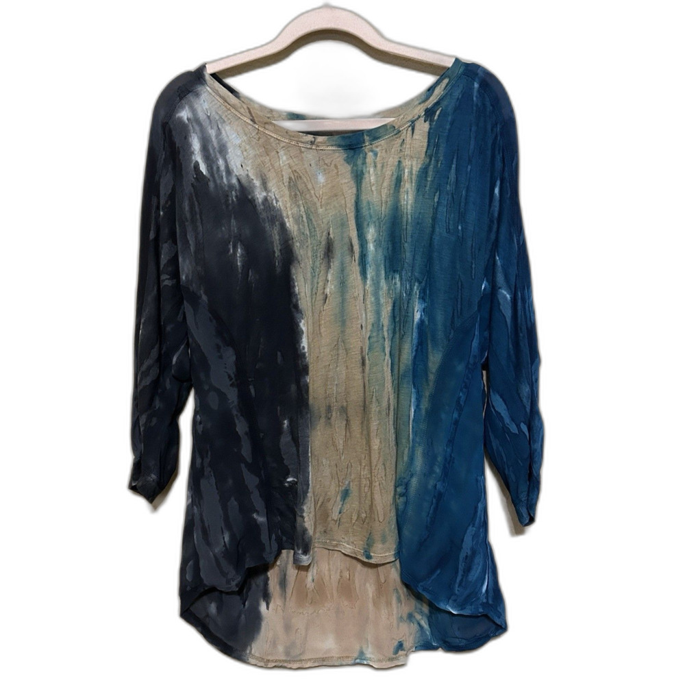 XCVI Tie Dye Top Womens Large Asymmetrical Dip Dye Tunic Shirt Green Abstract